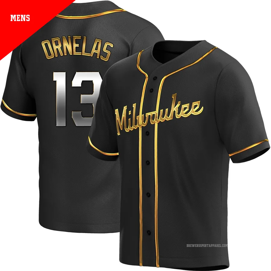 Milwaukee Brewers ＃13 Jonathan Ornelas Men's Gold Replica Black en Alternate Jersey