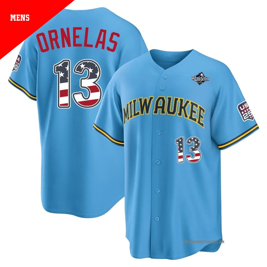 Milwaukee Brewers ＃13 Jonathan Ornelas Men's Light Blue Limited USA 250 Fourth Of July Road Stadium 2026 World Series Jersey