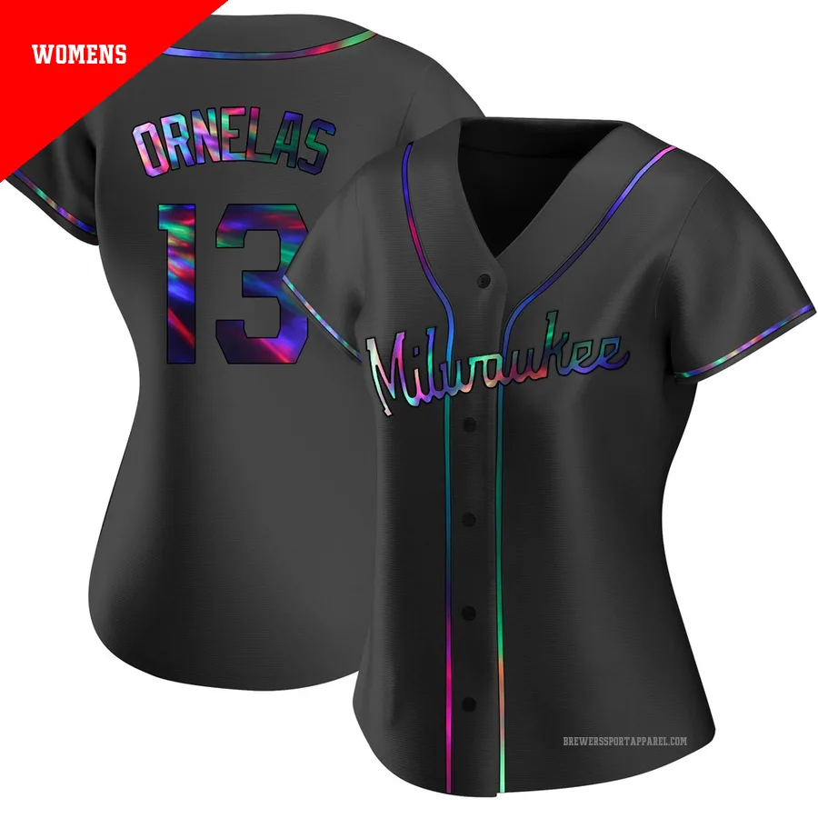 Milwaukee Brewers ＃13 Jonathan Ornelas Women's Black Replica Holographic Alternate Jersey