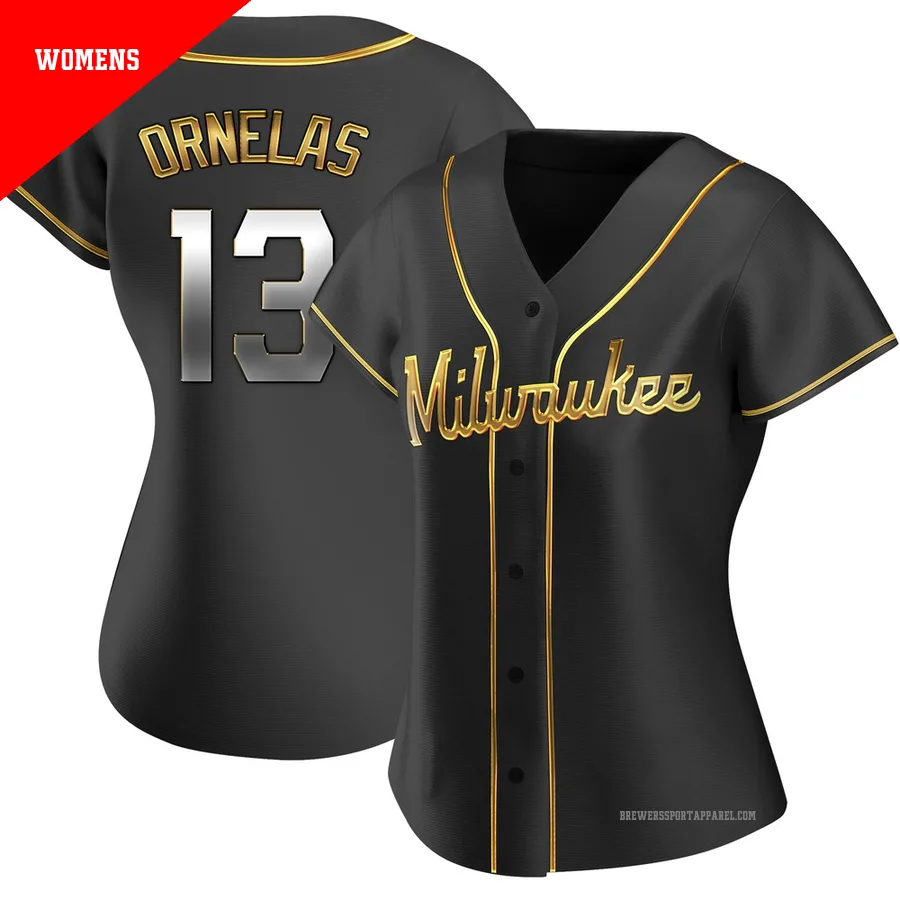 Milwaukee Brewers ＃13 Jonathan Ornelas Women's Gold Replica Black en Alternate Jersey