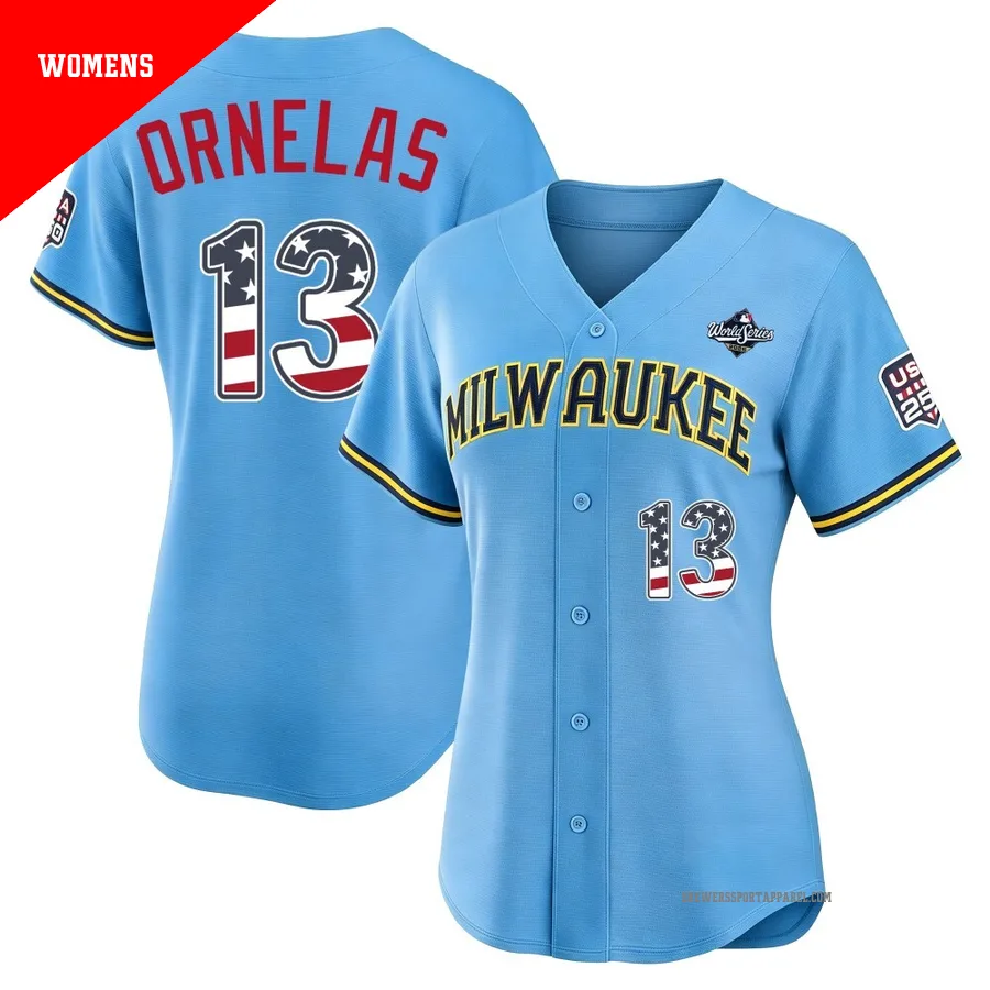 Milwaukee Brewers ＃13 Jonathan Ornelas Women's Light Blue Limited USA 250 Fourth Of July Road Stadium 2026 World Series Jersey