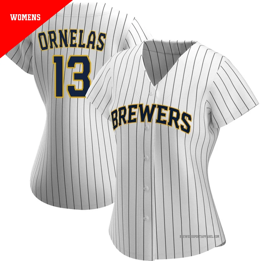 Milwaukee Brewers ＃13 Jonathan Ornelas Women's White/Navy Replica Alternate Jersey