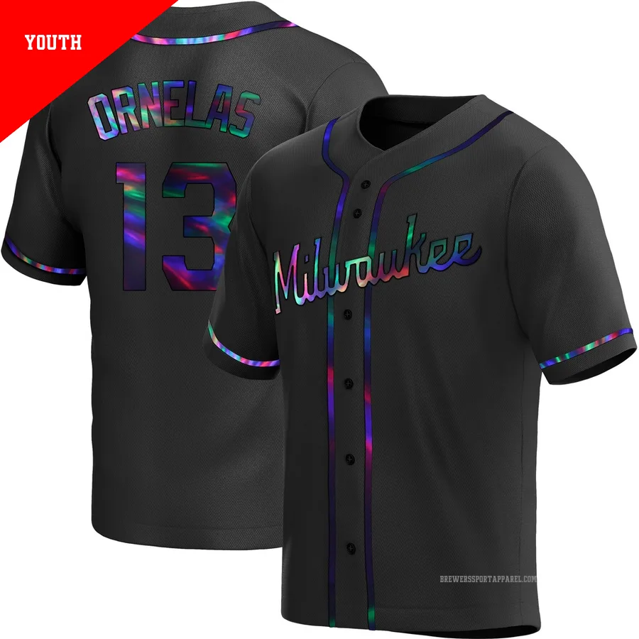 Milwaukee Brewers ＃13 Jonathan Ornelas Youth Black Replica Holographic Alternate Jersey