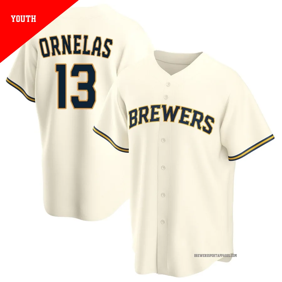 Milwaukee Brewers ＃13 Jonathan Ornelas Youth Cream Replica Home Jersey