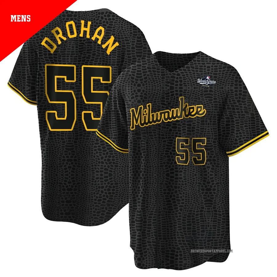 Milwaukee Brewers ＃55 Shane Drohan Men's Black Replica Snake Skin City 2026 World Series Jersey
