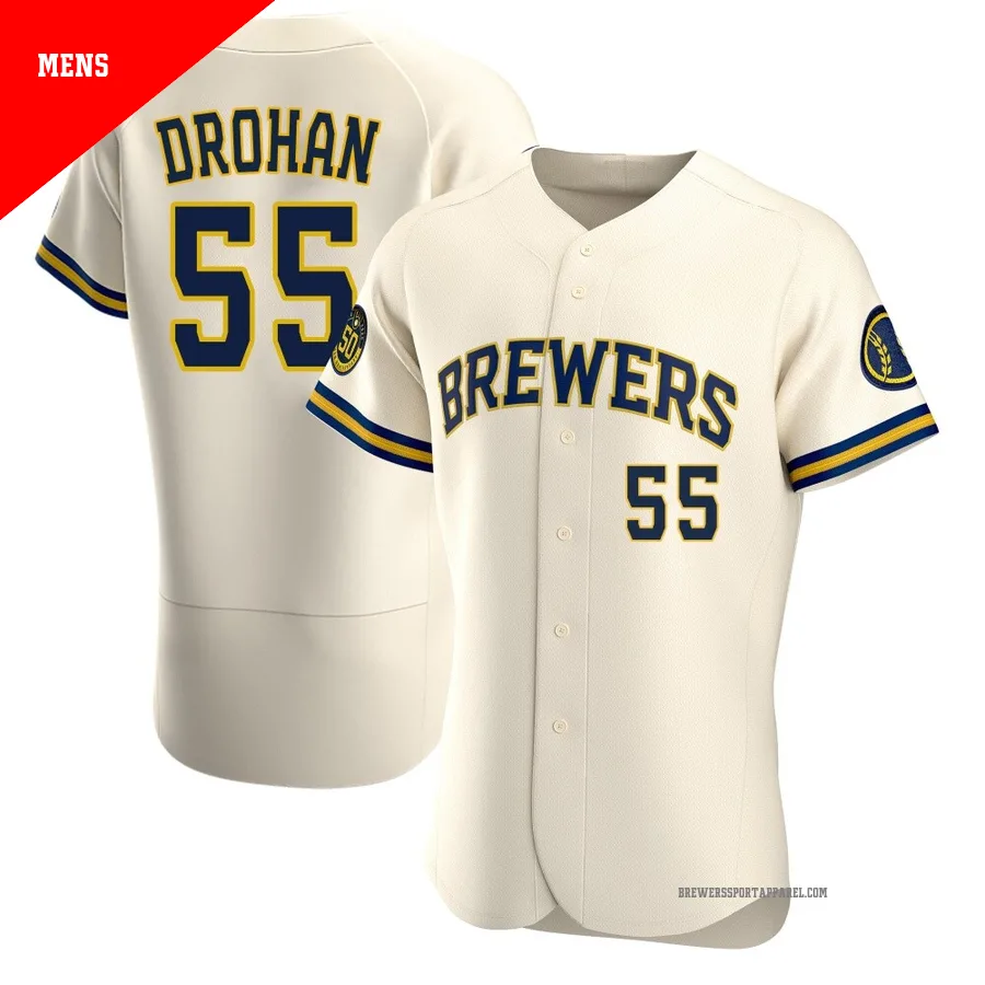 Milwaukee Brewers ＃55 Shane Drohan Men's Cream Authentic Home Jersey