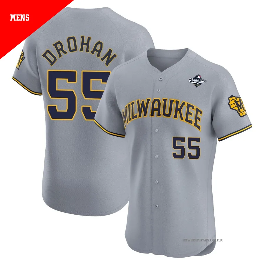 Milwaukee Brewers ＃55 Shane Drohan Men's Gray Elite Road 2026 World Series Jersey