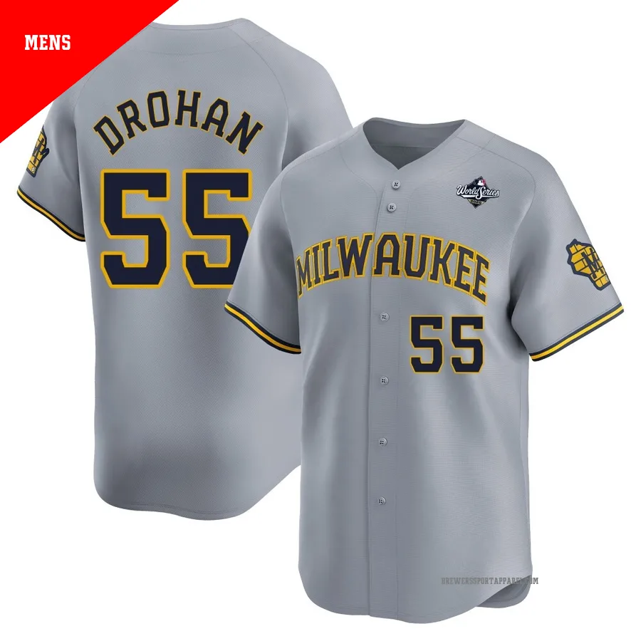 Milwaukee Brewers ＃55 Shane Drohan Men's Gray Limited Away 2026 World Series Jersey