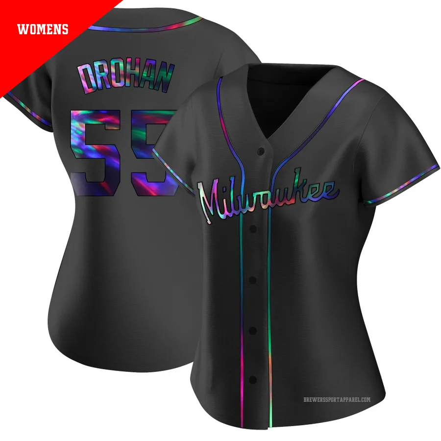 Milwaukee Brewers ＃55 Shane Drohan Women's Black Replica Holographic Alternate Jersey