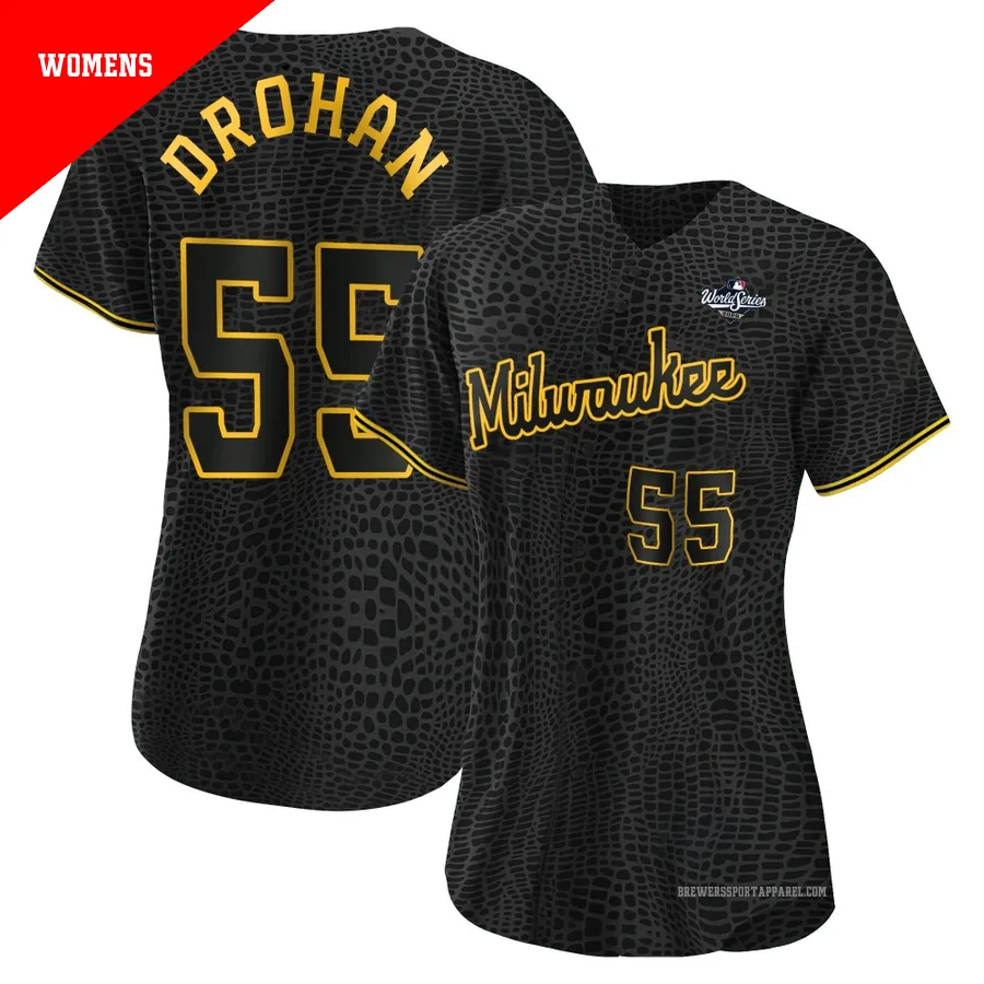 Milwaukee Brewers ＃55 Shane Drohan Women's Black Replica Snake Skin City 2026 World Series Jersey