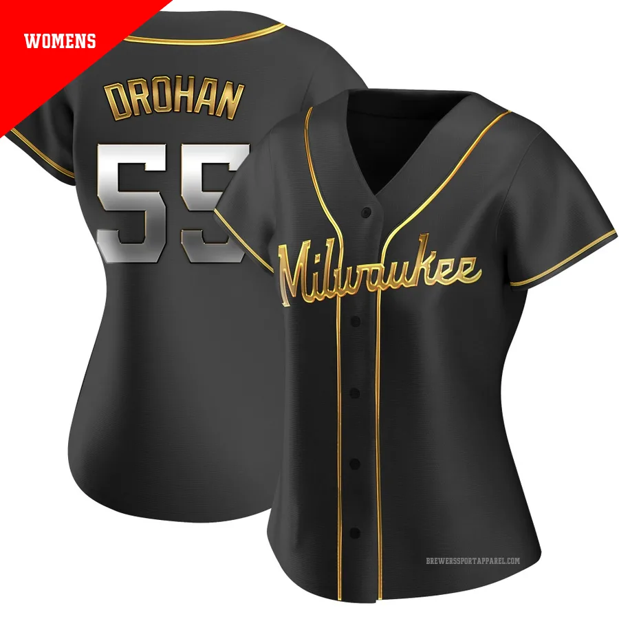 Milwaukee Brewers ＃55 Shane Drohan Women's Gold Replica Black en Alternate Jersey