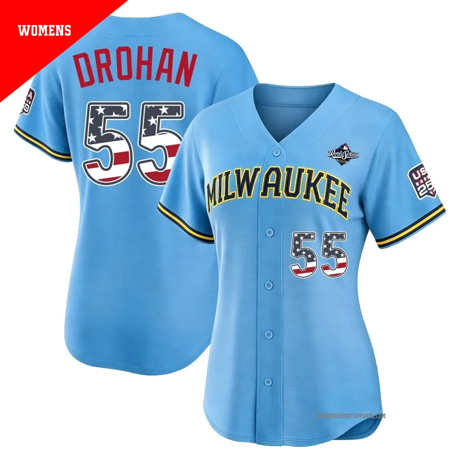 Milwaukee Brewers ＃55 Shane Drohan Women's Light Blue Limited USA 250 Fourth Of July Road Stadium 2026 World Series Jersey