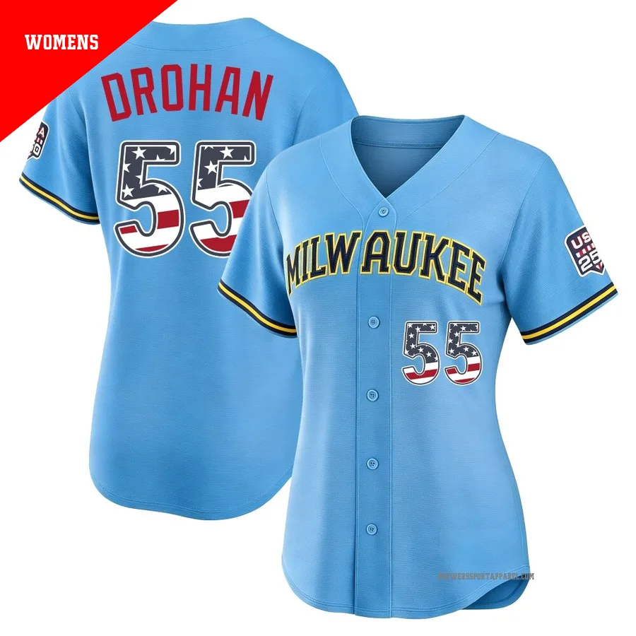 Milwaukee Brewers ＃55 Shane Drohan Women's Light Blue Limited USA 250 Fourth Of July Road Stadium Jersey