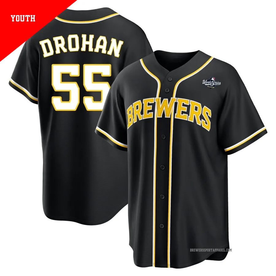 Milwaukee Brewers ＃55 Shane Drohan Youth Black Replica Fashion Out 2026 World Series Jersey