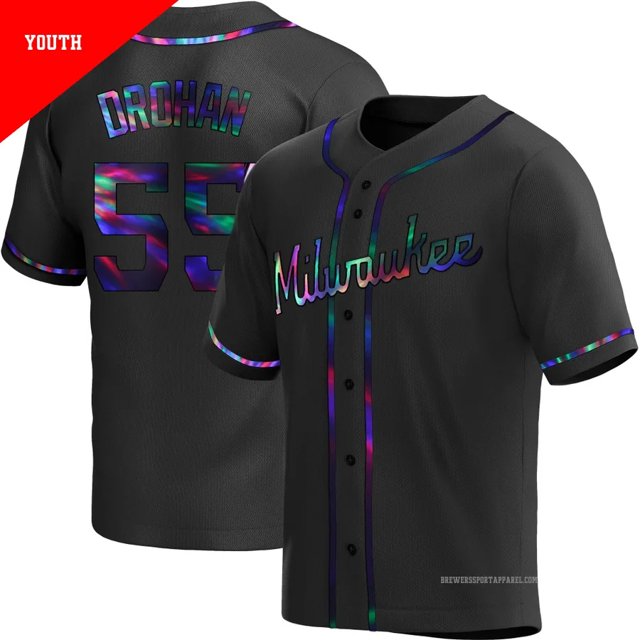 Milwaukee Brewers ＃55 Shane Drohan Youth Black Replica Holographic Alternate Jersey
