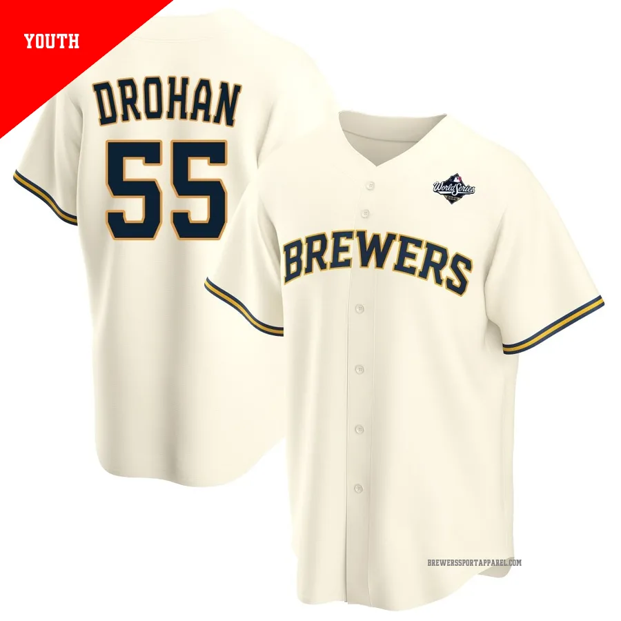 Milwaukee Brewers ＃55 Shane Drohan Youth Cream Replica Home 2026 World Series Jersey
