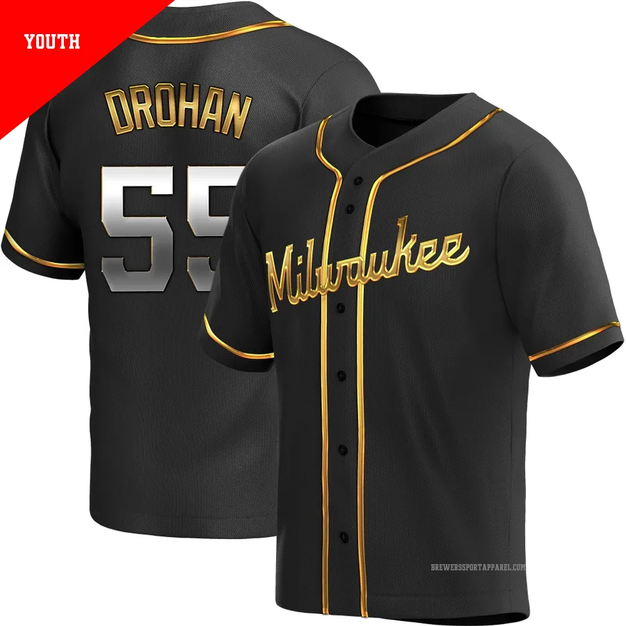 Milwaukee Brewers ＃55 Shane Drohan Youth Gold Replica Black en Alternate Jersey