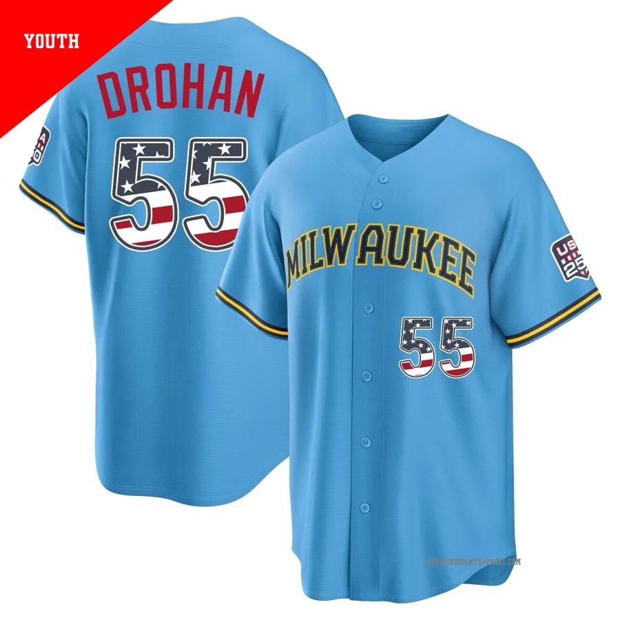 Milwaukee Brewers ＃55 Shane Drohan Youth Light Blue Limited USA 250 Fourth Of July Road Stadium Jersey