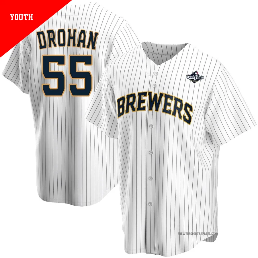 Milwaukee Brewers ＃55 Shane Drohan Youth White Replica Home 2026 World Series Jersey